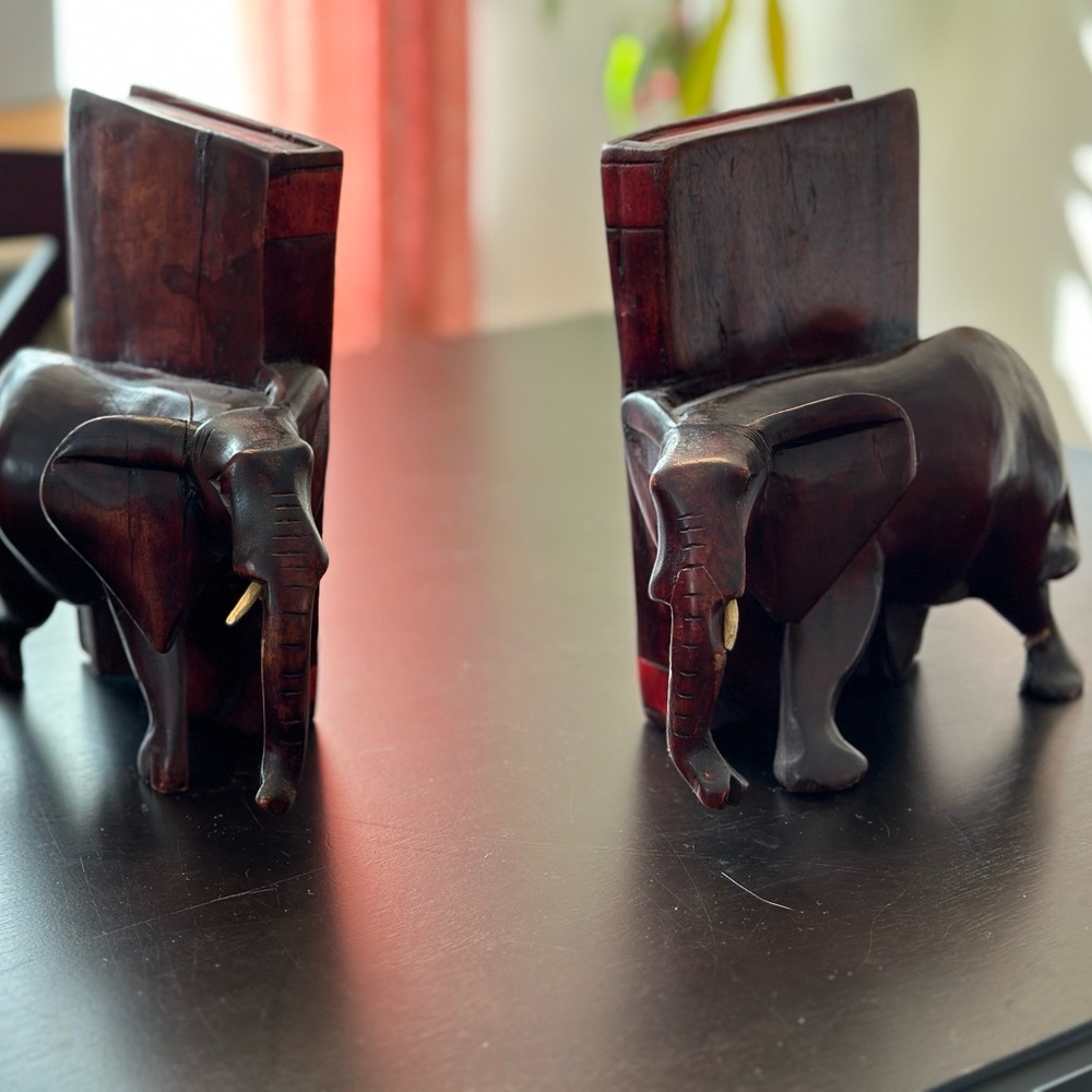 Hand-carved elephant bookends from Tanzania Africa